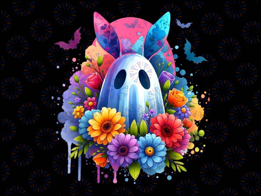 PNG ONLY Colorful Spring Flowers Spooky Easter Png, Bunny Ghost with Eggs Png, Easter Day Png, Digital Download