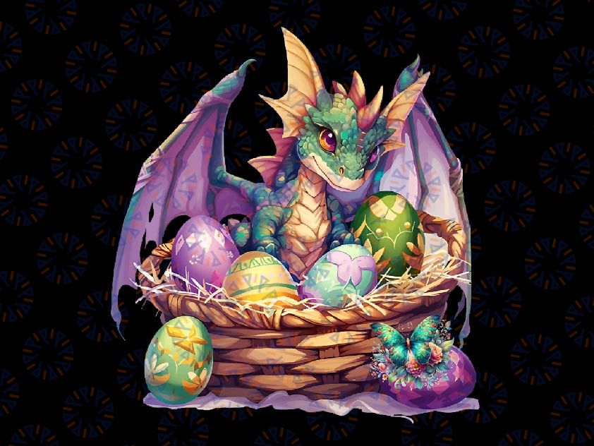 PNG ONLY Green Dragon Collecting Easter Eggs Basket Png, Cute Dragons Bunny Png, Easter Day Png, Digital Download