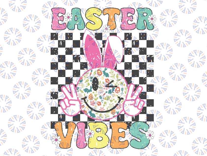 Retro Groovy Easter Vibes Png, Bunny Checkered Smile Png, Easter Day Png, Digital Download