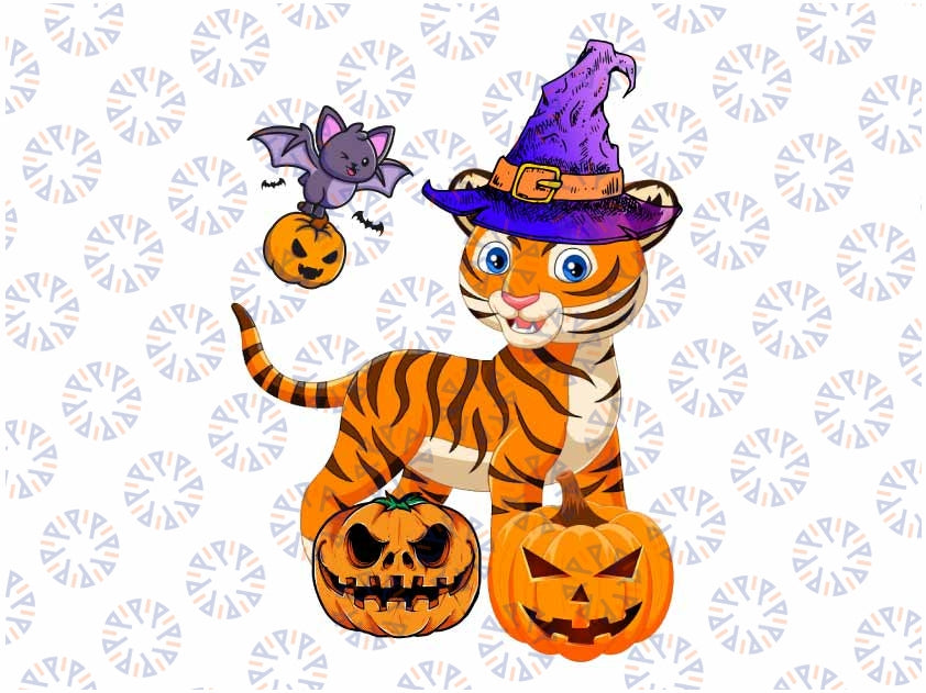 Cute Halloween Tiger In Witch hat Halloween Kid Png, Pumpkin Season, Tiger Halloween Party Gift, Cute Tiger Halloween PNG