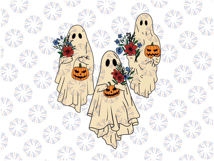 Retro Groovy Pumpkin Ghost Costume Halloween Floral Ghosts PNG Sublimation, Cute Ghost, Smile Face Pumpkin, Fall png, Halloween png Design