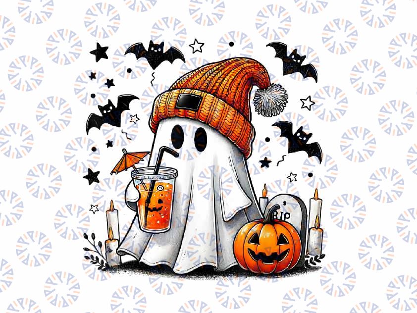 PNG ONLY Cute Ghost Drinking Coffee Png, Halloween Ghost Ice Coffee Png, Halloween Png, Digital Download