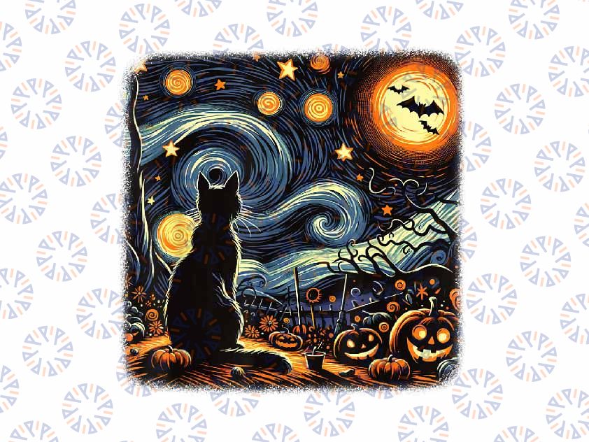 PNG ONLY Halloween Van Gogh Starry Night Png, Black Cat Pumpkins Bats Png, Halloween Png, Digital Download