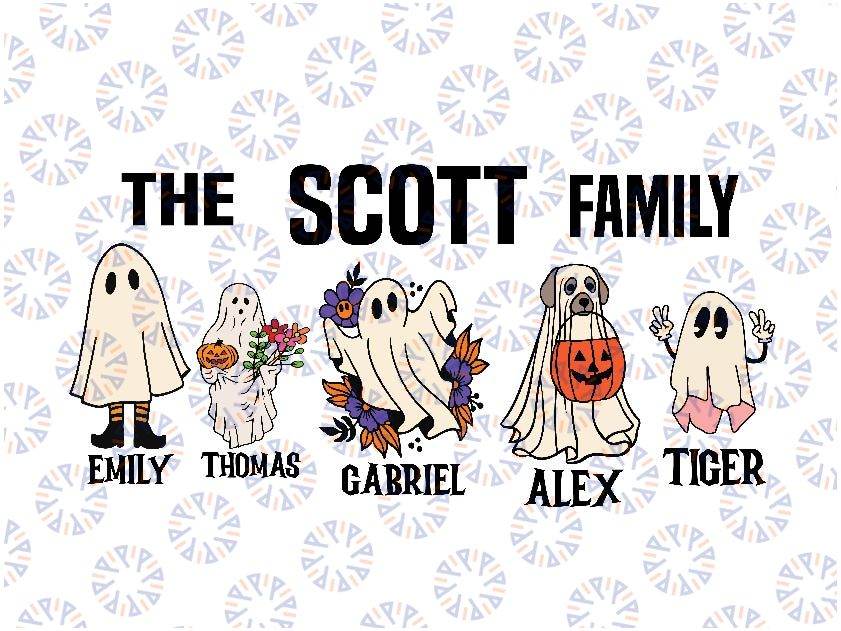 Custom Halloween Ghost Family With Pets Svg, The Name Family Portrait Svg, Custom Family Portrait, Happy Halloween Png, Digital Download