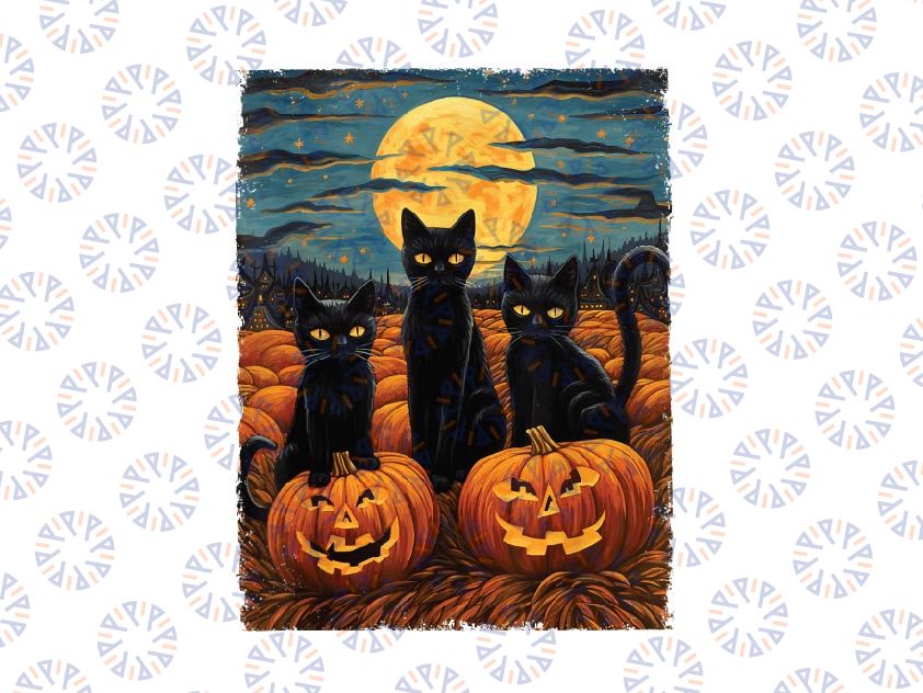 Black Cat Halloween Cat Lovers Png, Starry Night Cat Van Gogh Cat Png, Happy Halloween Png, Digital Download