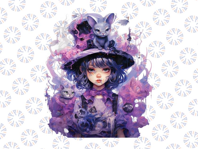 Cute Witch Black Cat Halloween Girls Png, Little Girls Witch Purple Color Art Png, Happy Halloween Png, Digital Download