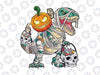 Pumpkin Riding Mummy Dinosaur Png, T rex Halloween Skeleton Png, Happy Halloween Png, Digital Download