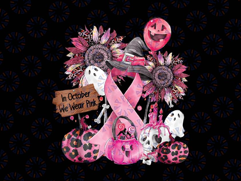 In October We Wear Pink Ribbon Ghost Png, Halloween Breast Cancer Ghost Png, Happy Halloween Png, Digital Download