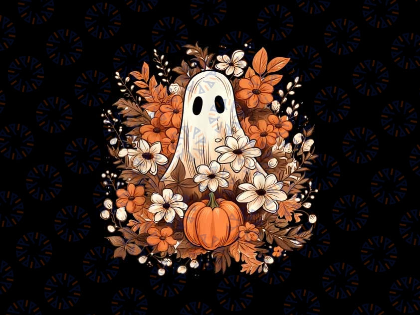 Retro Floral Ghost Cute Pumpkin Autumn Halloween Gothic Png, Cute Ghost Floral Png,  Happy Halloween Png, Digital Download