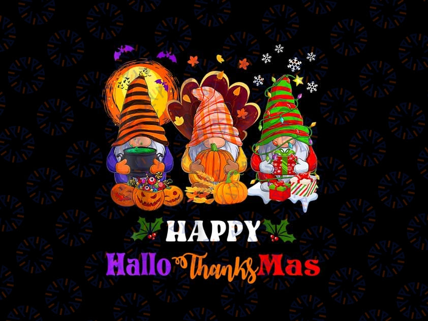 Three Gnomes Halloween Merry Christmas Happy Hallothanksmas Png, Merry Christmas, Digital Download, Happy Halloween, Gnome With Pumpkin