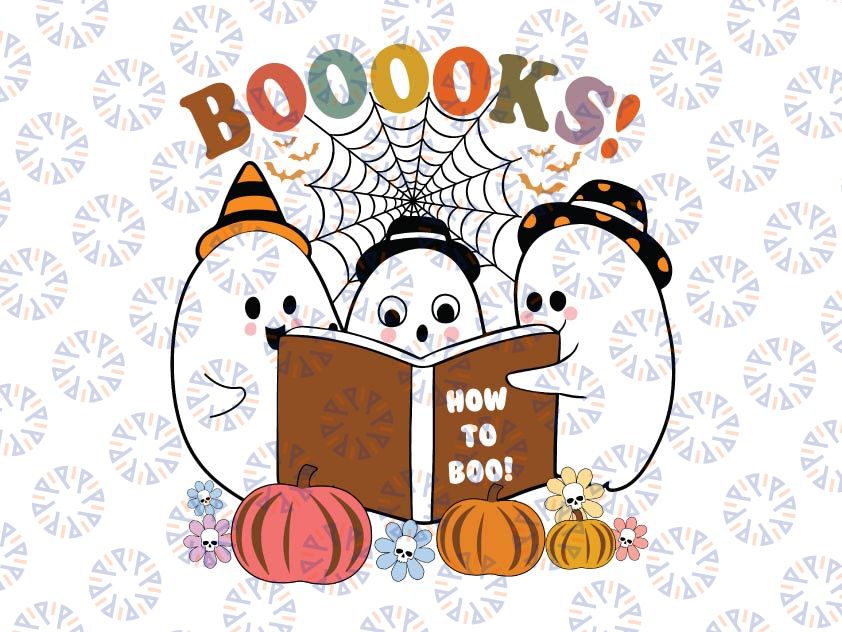 Booooks Ghost Halloween Groovy Vintage Teacher Book Reading Svg, How To Boo Halloween Svg,  Happy Halloween Png, Digital Download