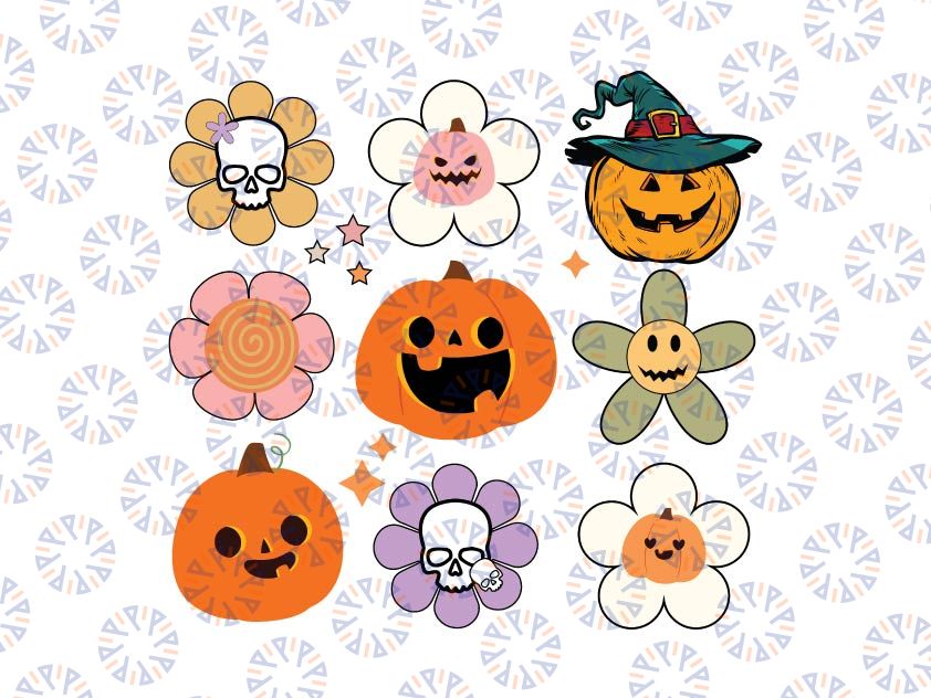 Happy Halloween Svg, Retro Groovy Flower Svg, Funny Daisy Flowers, Boho Flowers And Pumpkins, Happy Halloween Png, Digital Download