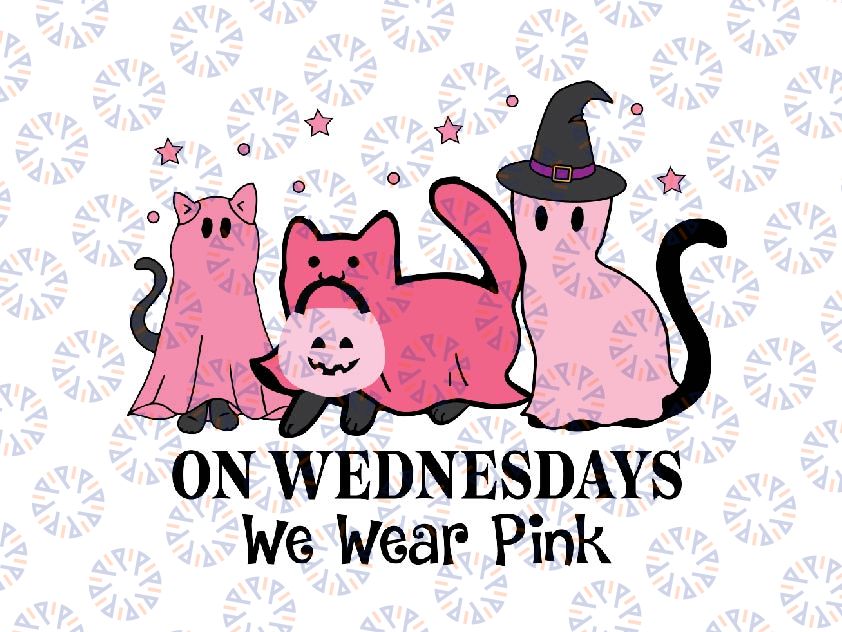 Halloween Cat Breast Cancer On Wednesday Svg, We Wear Pink Ghost Svg, Happy Halloween Png, Digital Download