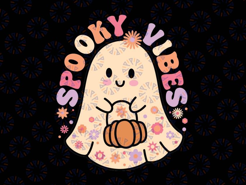 Groovy Cute Kawaii Ghost Svg, Floral Spooky Vibes Hippie Pumpkin Svg, Happy Halloween Png, Digital Download