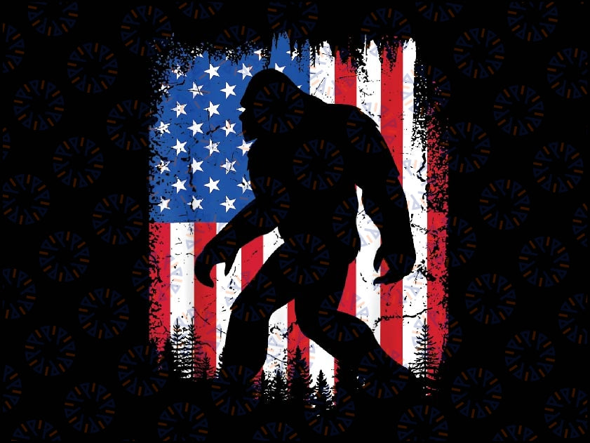 Retro Bigfoot Silhouette USA Flag Sasquatch Lovers July 4th Png, American Flag Bigfoot Png, The Fourth of July, Digital Download