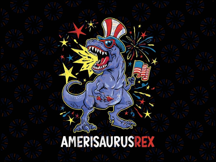 American Flag 4th of July T Rex Dinosaur Amerisaurus Rex Boy Png, T-rex Holding American flag Png, 4th of july Dinosaur, Usa T-Rex design