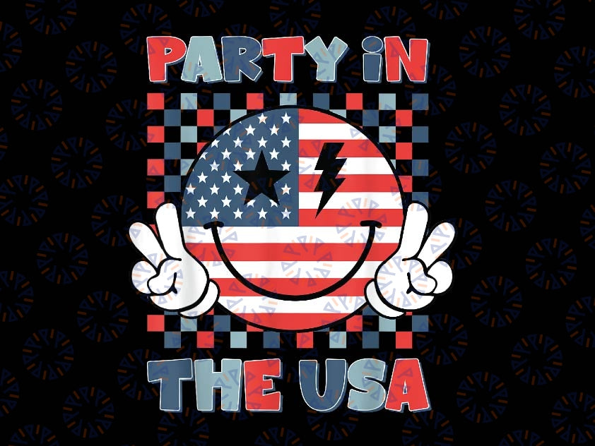 Party In The USA Happy Face Smile American Flag 4th Of July Png, Retro Smiley Usa Flag Png, Independence day Png, Digital Download
