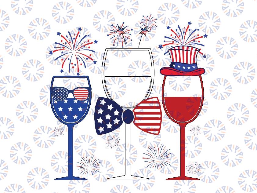 4th Of July Red White Blue Wine Glasses Fireworks Usa Svg,  American Cross Png, American Flag Patriotic Wine Glasses,  Instant Download