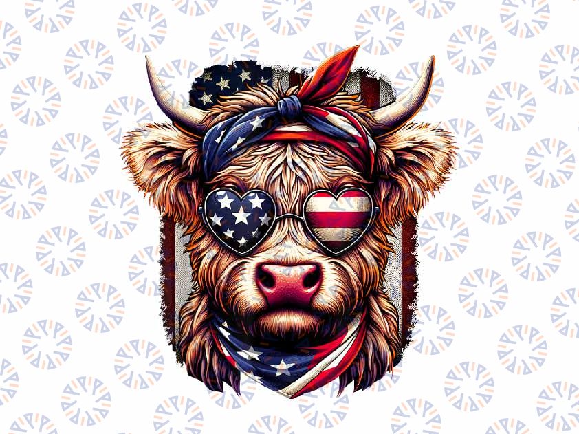 PNG ONLY Patriotic Highland Cow Sunglasses Png, US Flag 4th of July Farmer Png, Independence Day Png, Digital Download