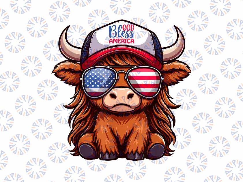 PNG ONLY Cute Highland Cow God Bless America Png, 4th of July Chris-tian Cow With Hat Png, Independence Day Png, Digital Download