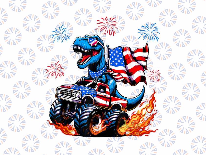 PNG ONLY 4th of July T-R-ex on Monster Truck USA Flag Png, Usa Monster Dino Patriotic Png, Independence Day Png, Digital Download