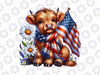 PNG ONLY Cute Highland Cow Florals 4th of July Png, USA Flag Patriotic Cow Png, Independence Day Png, Digital Download