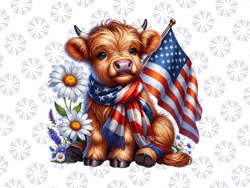 PNG ONLY Cute Highland Cow Florals 4th of July Png, USA Flag Patriotic Cow Png, Independence Day Png, Digital Download