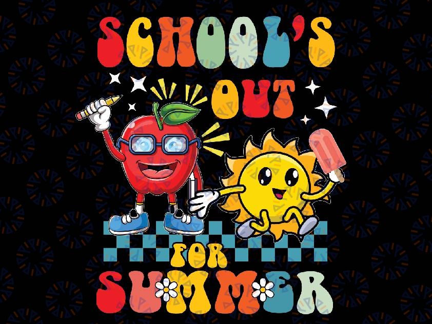 Retro Groovy School's Out For Summer Graduation Teacher Kids Png, Summer Vacation, Retro Smiley Face Png, Digital Dowload