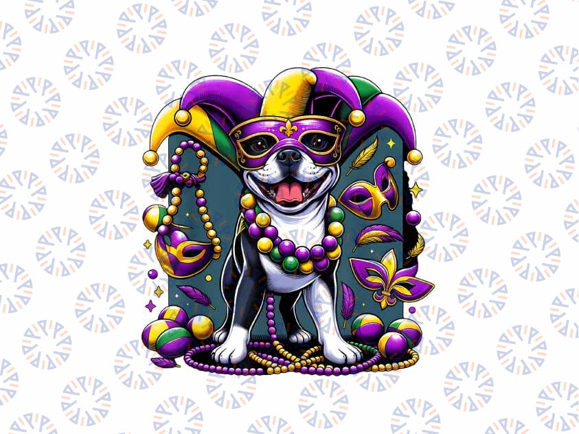 PNG ONLY Mardi Gras Bo-ston Terrier Dog Png, Mardi Gras Bead Dog Png, Mardi Gras Png, Digital Download