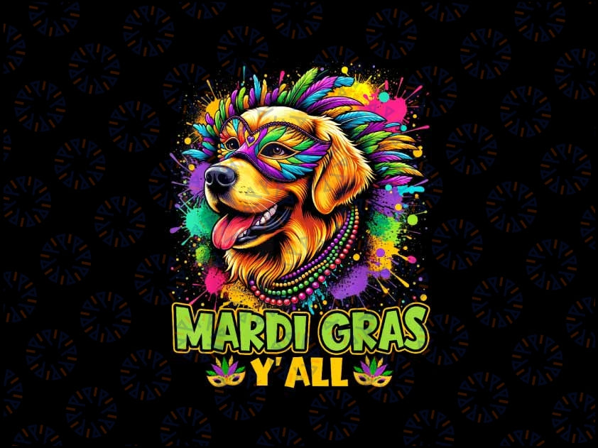 PNG ONLY Golden Retriever Dog Mardi Gras Yall Beads Mask Colorful Png, Mardi Gras Png, Digital Download