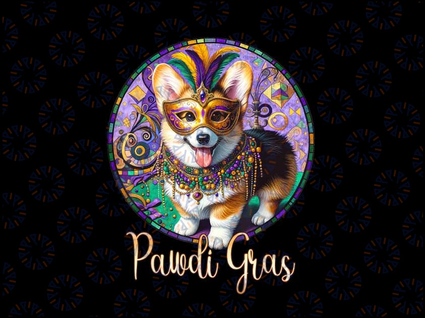 PNG ONLY Pawdi Mardi Gras Canine Beads Mask Dog Lovers Png, Cute Corgi Mardi Gras Png, Digital Download