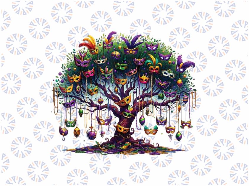 PNG ONLY Mardi Gras Tree Beads New Orleans 2024 Png, Watercolor Festival Face Mask Tree Png, Mardi Gras Png, Digital Download