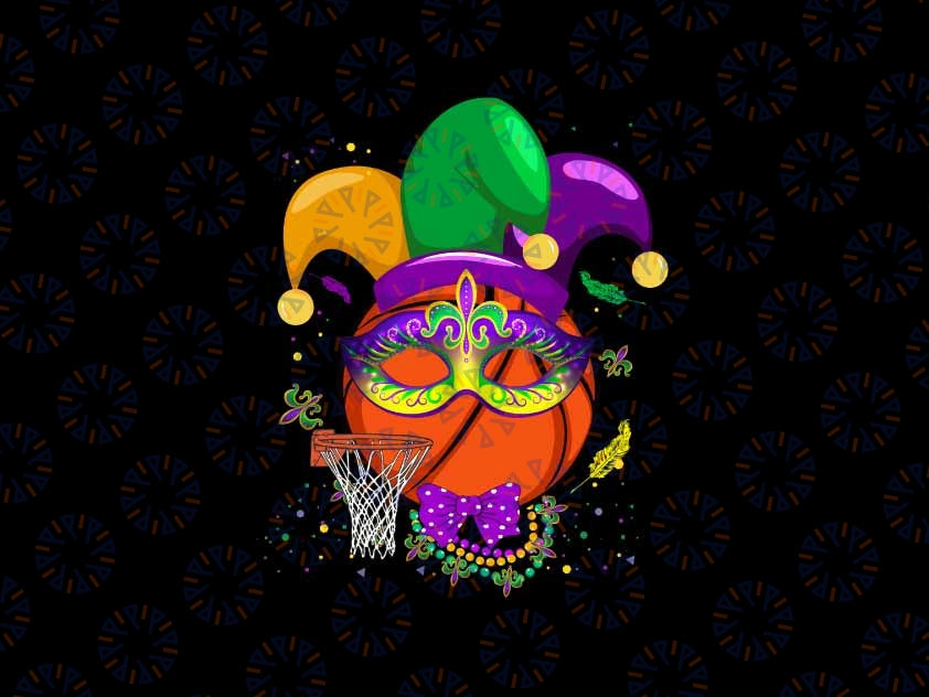 Funny Basketball Ball With Jester Hat Mask Beads Fat Tuesday Png, Basketball Mardi Gras Png, Digital Download