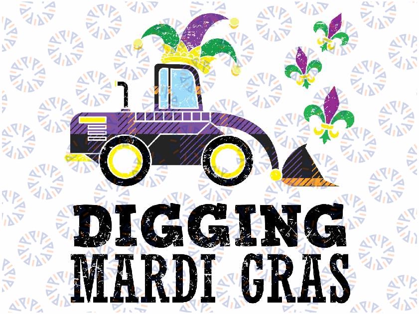 Kids Digging Mardi Gras Bulldozer Truck Cute Boys Kids Png, Construction Mardi Gras Beads Png, Digital Download