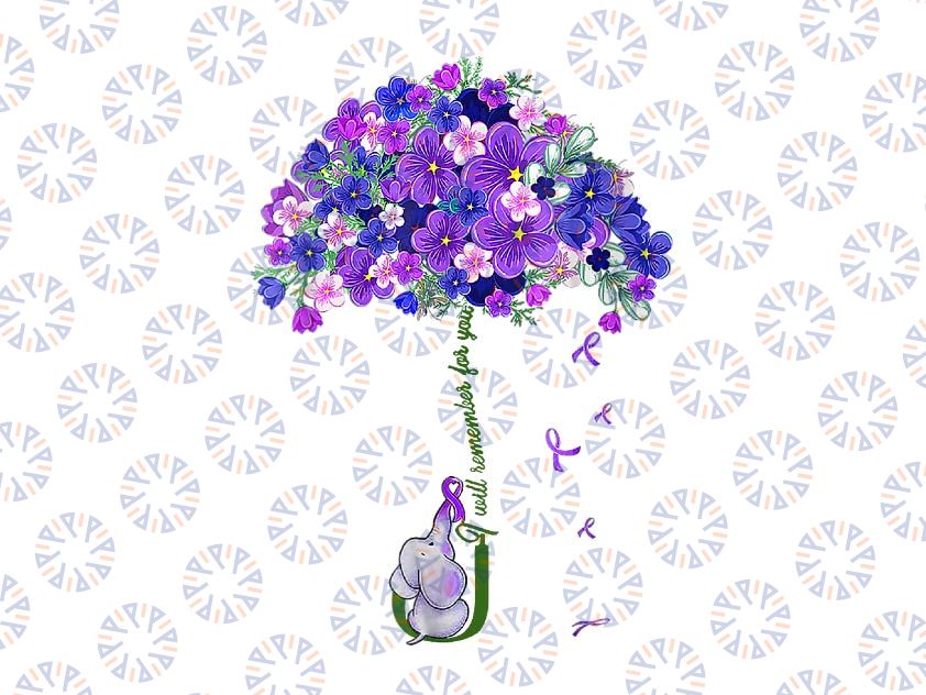 PNG ONLY I'll Remember For You Purple Elephant Alzheimer's Awareness Png, Elephant Flower Png, Digital Download