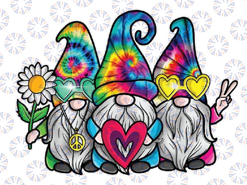 Three Hippie Gnomes Groovy Retro Tie Dye Peace Love Gnomies Png, Gnomes With Heart Love Png, Mothers day Png, Digital Download