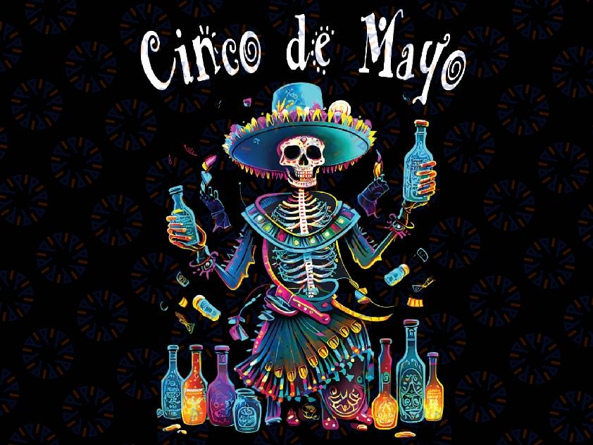 Cinco De Mayo Mexican Lets Fiesta 5 De Mayo Png, Mexican Skull Sombrero Tequila Bottle Png, Glitter Cinco De Mayo Png, Digital Download