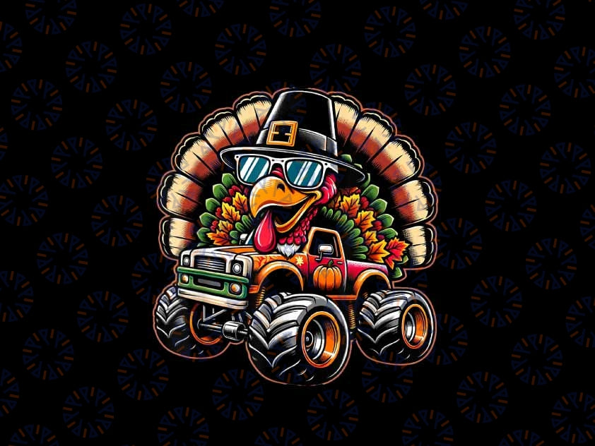 PNG ONLY- Thanksgiving Turkey Riding Monster Truck Boys Png, Turkey Dinosaur Png, Thanksgiving Png, Digital Download