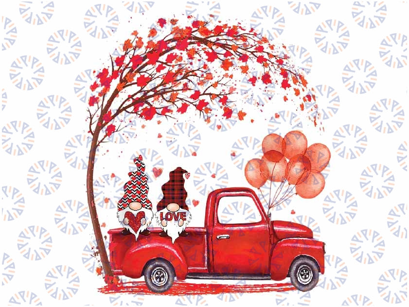 Couple Gnomes In Red Truck With Heart Valentine's Day Tree Png, Romantic Gnomes Valentine Day Png,