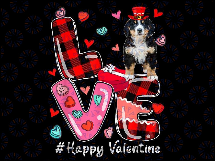 LOVE Happy Valentine Bernedoodle Wearing Valentine's Hat Png, BernedoodleValentine png, Valentine Png Digital Download