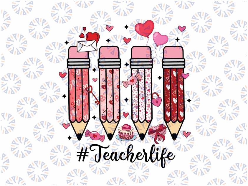 Retro Valentine Pencils Png, Teacher Valentine Png, Funny Heart Pencil Teacher Life, Valentine Png, Digital Download