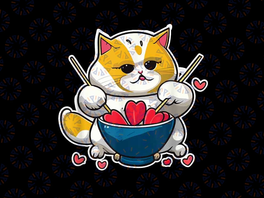 PNG ONLY Anime Cat eating Ramen Noodles With Hearts Png, Cat Valentines Day Png, Digital Download