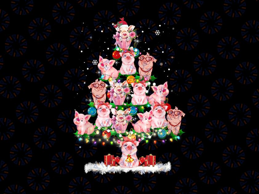 Pig Ornament Decoration Christmas Tree Merry Pigmas Xmas PNG, Pigmas Santa Hat Wrapped in Christmas Lights, Funny Pig Lover PNG Sublimation