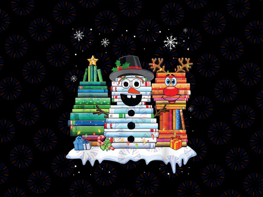 Christmas Tree Snowman Reindeer Book Stack Tee Librarian PNG, Librarian Png, Christmas Book Png, Christmas Tree Snowman PNG