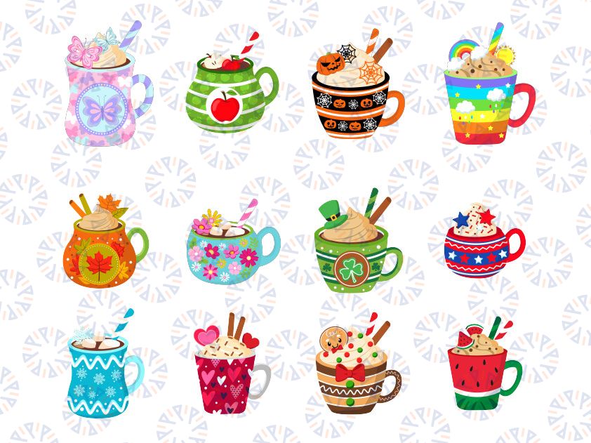 Year Of Mugs PNG, Christmas png, halloween mug, fall, 4th of july, Cute mugs clipart, kawaii clipart