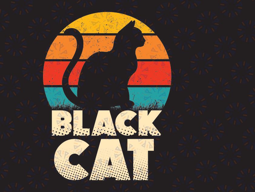 Black Cat Retro Style Vintage Sunset Evergreen SVG PNG Sunrise Background Red Yellow Orange Clipart Digital Instant Download