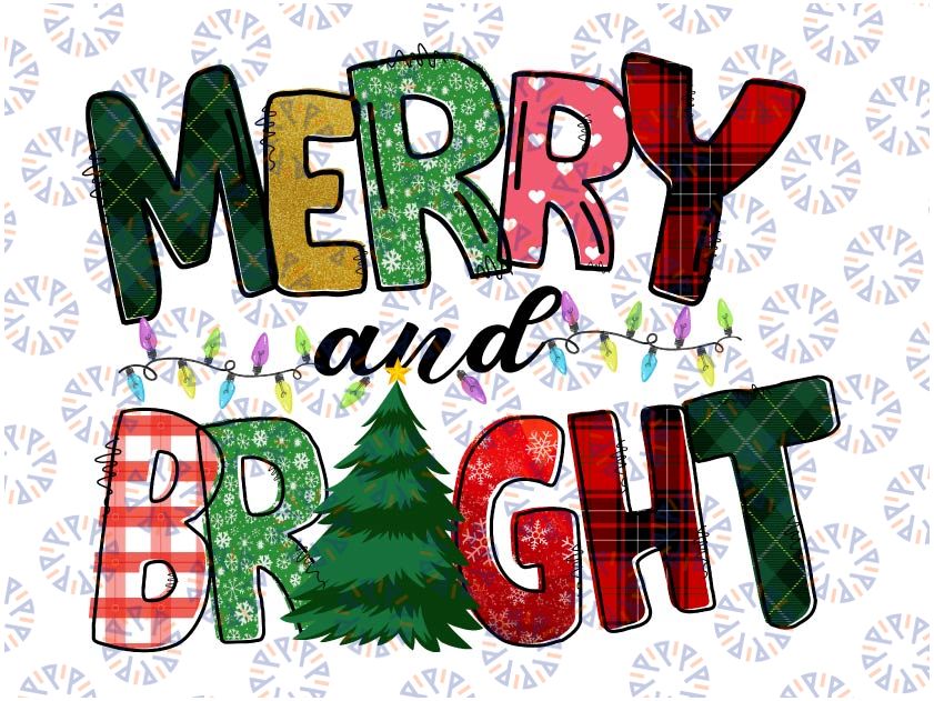 Merry and Br-ight Buffalo Plaid, Glitter Christmas Tree PNG Printable Digital Download Clipart Sublimation Design