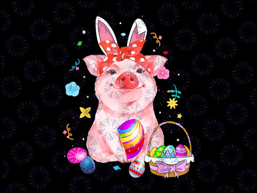 Easter Bunny Spring Pig bow Png, Egg Hunting Basket colorful Png, Easter Designs,  Farmhouse, Pig Designs Png Sublimation Designs