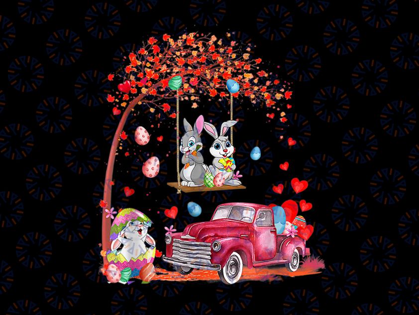 Cute Bunnies Red Truck With Easter Eggs Png Cute Easter Gift Png, Red Easter Truck Rabbit Printable, Spring, Easter Png