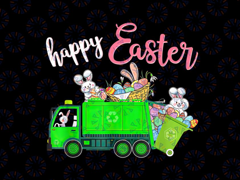 Happy Easter Bunny Riding Garbage Truck Png, Easter Bunny In dump Truck, Easter Rabbit, Easter Eggs Garbage Truck Png